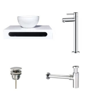 Solid Surface Waskom Rond met Solid Surface Planchet met Opbouwkraan, Afvoer en Sifon Chroom 40x22x8 cm