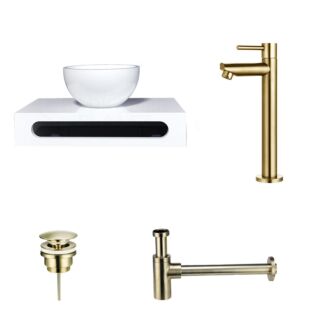 Solid Surface Waskom Rond met Solid Surface Planchet met Opbouwkraan, Afvoer en Sifon Goud 40x22x8 cm