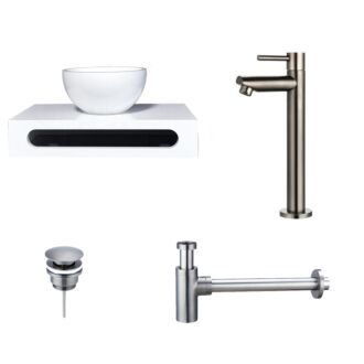 Solid Surface Waskom Rond met Solid Surface Planchet met Opbouwkraan, Afvoer en Sifon Gun Metal 40x22x8 cm