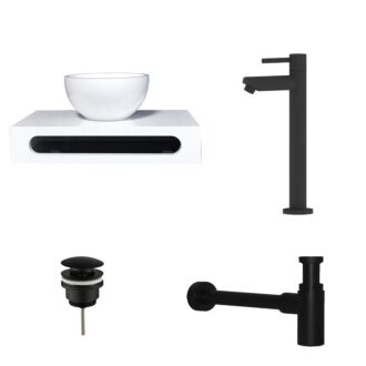Solid Surface Waskom Rond met Solid Surface Planchet met Opbouwkraan, Afvoer en Sifon Mat Zwart 40x22x8 cm