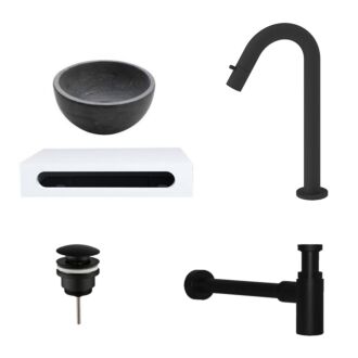 Natuursteen Mini Waskom met Solid Surface Planchet met Opbouwkraan, Afvoer en Sifon Mat Zwart Gebogen Kraan 40x22x8 cm