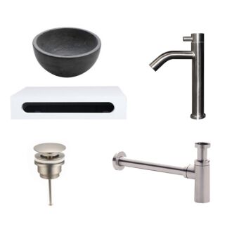 Natuursteen Mini Waskom met Solid Surface Planchet met Opbouwkraan, Afvoer en Sifon RVS 40x22x8 cm