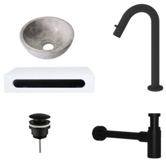 Tundra Grey Marmer Fonteinkom met Solid Surface Planchet met Opbouwkraan, Afvoer en Sifon Mat Zwart Gebogen Kraan 40x22x8 cm