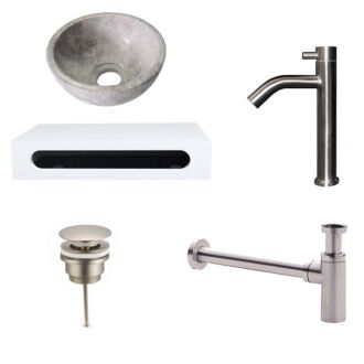 Tundra Grey Marmer Fonteinkom met Solid Surface Planchet met Opbouwkraan, Afvoer en Sifon RVS 40x22x8 cm