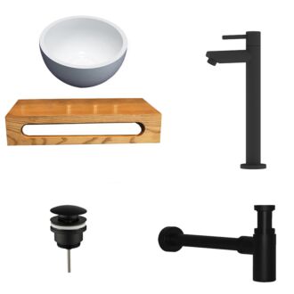 Solid Surface Waskom Rond met Massief Wood Planchet met Opbouwkraan, Afvoer, Sifon Mat Zwart 40x22x8 cm