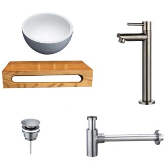 Solid Surface Waskom Rond met Massief Wood Planchet met Opbouwkraan, Afvoer, Sifon Gunmetal 40x22x8 cm