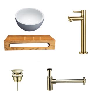 Solid Surface Waskom Rond met Massief Wood Planchet met Opbouwkraan, Afvoer, Sifon Goud 40x22x8 cm