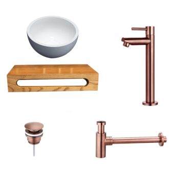 Solid Surface Waskom Rond met Massief Wood Planchet met Opbouwkraan, Afvoer, Sifon Brons 40x22x8 cm