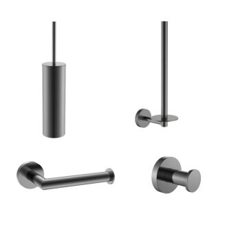 Toilet Accessoires Set 4-delig Rond Gun Metal Geborsteld incl. Toiletborstel, WC rolhouder, Haak en Reserve rolhouder