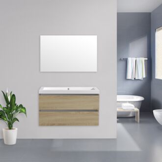 Badkamermeubel Trento Greeploos Keramiek 100 cm Light Wood met Standaard Spiegel zonder kraangaten
