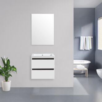Badkamermeubel Trento Greeploos Keramiek 60 cm Hoogglans Wit met Standaard Spiegel zonder kraangaten