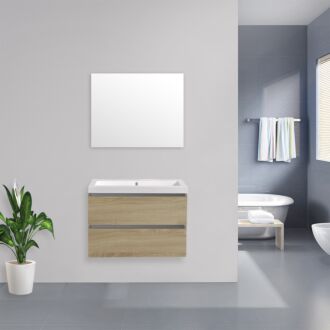 Badkamermeubel Trento Greeploos Keramiek 80 cm Light Wood met Standaard Spiegel zonder kraangaten