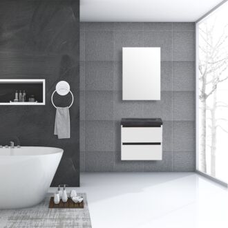 Badkamermeubel Trento Greeploos Natuursteen 60 cm Hoogglans Wit met Standaard Spiegel zonder kraangaten