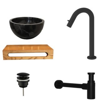 Fonteinkom Marmer Black Emperador met Massief Wood Planchet met Opbouwkraan, Afvoer en Sifon Mat Zwart Gebogen Kraan 40x22x8 cm