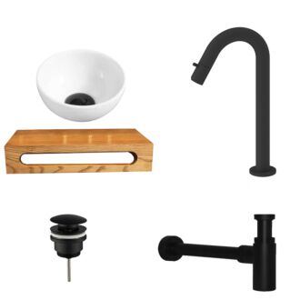 Fontein Waskom Keramiek Wit met Massief Wood Planchet met Opbouwkraan, Afvoer en Sifon Mat Zwart Gebogen Kraan 40x22x8 cm