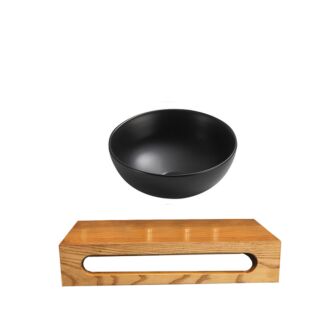 Fontein Waskom Keramiek Zwart met Massief Wood Planchet 40x22x8 cm