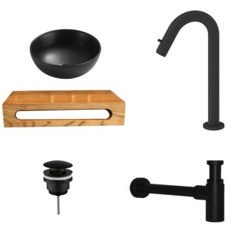 Fontein Waskom Keramiek Zwart met Massief Wood Planchet met Opbouwkraan, Afvoer en Sifon Mat Zwart Gebogen Kraan 40x22x8 cm