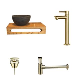 Natuursteen Mini Waskom met Massief Wood Planchet met Opbouwkraan, Afvoer en Sifon Goud 40x22x8 cm