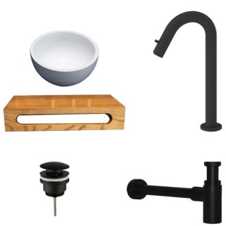 Solid Surface Waskom met Massief Wood Planchet met Opbouwkraan, Afvoer en Sifon Mat Zwart Gebogen Kraan 40x22x8 cm