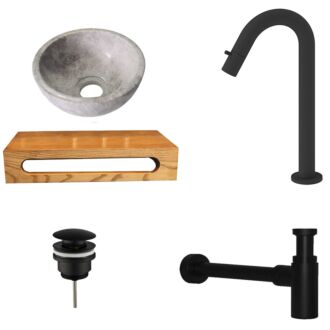 Tundra Grey Marmer Fonteinkom met Massief Wood Planchet met Opbouwkraan, Afvoer en Sifon Mat Zwart Gebogen Kraan 40x22x8 cm