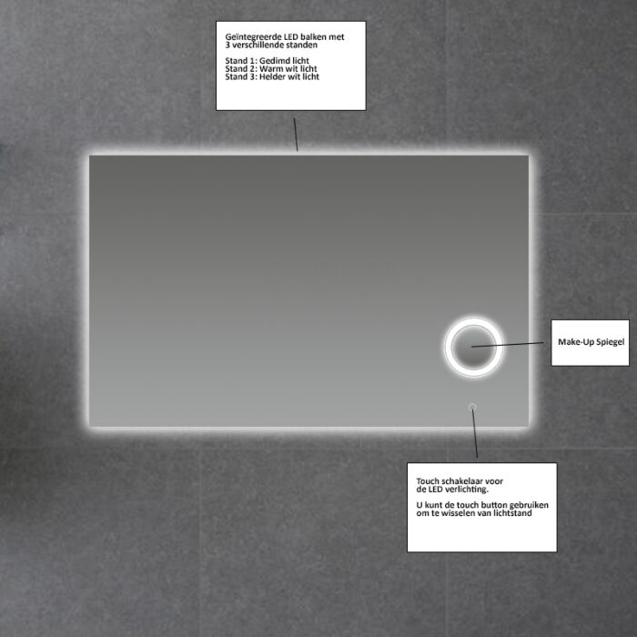 Badkamerspiegel Met Led Verlichting En Make Up Spiegel Met Touch En Dimbaar In 3 Standen 120 Cm