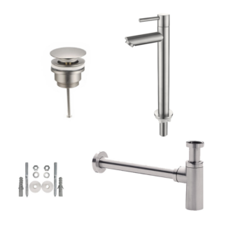 Toiletkraan Hoog set met afvoer en design sifon geborsteld RVS
