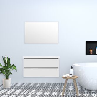 Badkamermeubel Trento Greeploos met Flat Kunstmarmer Top 100 cm Hoogglans Wit zonder Standaard Spiegel