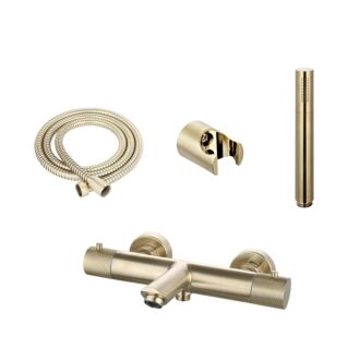 Badkraan met geribbelde knop opbouw thermostatisch rond Goud messing geborsteld PVD met Badset