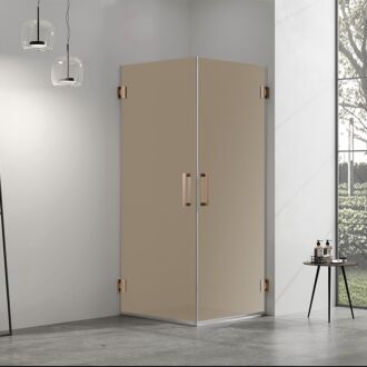 Douchecabine bronsglas met 2 draaideuren profielloos brons 90x100cm 8mm antikalk 200cm hoog
