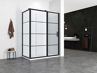 Douchecabine met Draaideur met Vast Paneel en Zijwand Hoekcabine 130x90cm 200cm Hoog Mat Zwart Frame Black Onyx 8mm Nano Glas Easy Clean