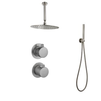 Sani Royal Inbouw Regendouche Doucheset Gun Metal Messing Geborsteld met Plafondsteun en Douchekop 25 cm met Afwerkringen