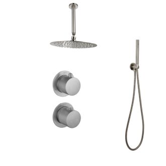 Sani Royal Inbouw Regendouche Doucheset Gun Metal Messing Geborsteld met Plafondsteun en Douchekop 25 cm met Afwerkringen en Geribbelde Knop