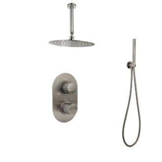 Sani Royal Inbouw Regendouche Doucheset Gun Metal messing geborsteld Geribbelde Knop met Plafondsteun en Douchekop 25 cm