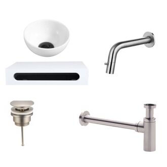 Keramische Waskom Wit Rond met Solid Surface Planchet met Inbouwkraan, Afvoer en Sifon RVS 40x22x8 cm