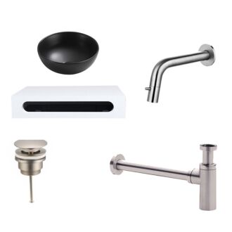 Keramische Waskom Zwart Rond met Solid Surface Planchet met Inbouwkraan, Afvoer en Sifon RVS 40x22x8 cm