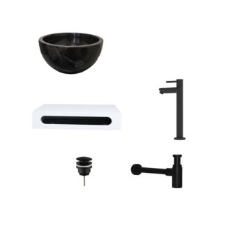 Black Emperador Marmer Fonteinkom met Solid Surface Planchet met Opbouwkraan, Afvoer, Sifon Mat Zwart 40x22x8 cm