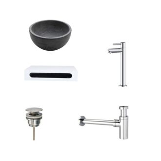 Natuursteen Mini Waskom met Solid Surface Planchet met Opbouwkraan, Afvoer, Sifon Chroom 40x22x8 cm