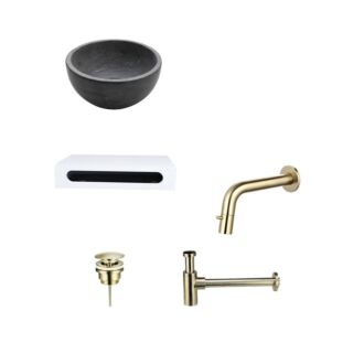 Natuursteen Mini Waskom met Solid Surface Planchet met Inbouwkraan, Afvoer, Sifon Goud 40x22x8 cm