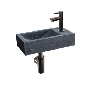 Natuursteen Fonteinset Rimini met Kraan, Afvoer en Sifon Gun Metal 40x22x10 cm Kraangat Links