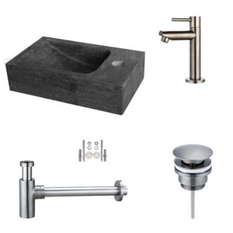 Hardstenen Fonteinset Mini met Kraan, Afvoer en Sifon Gun Metal 30x18x8 cm Kraangat Rechts