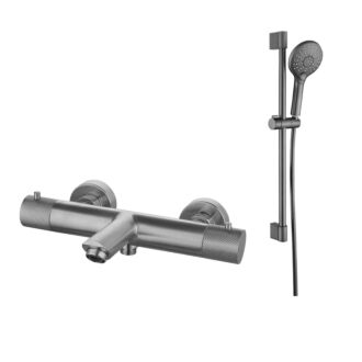 Opbouw badkraan Gun Metal geborsteld met geribbelde knop en glijstang set