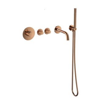 Pro Inbouw Badkraan Brons geborsteld Thermostatische Set Messing met geribbelde Knop PVD met 2 stopkranen