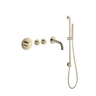 Pro Inbouw Badkraan Goud geborsteld Thermostatische Set Messing PVD Glijstang met 2 stopkranen