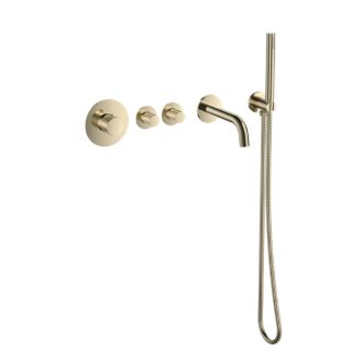 Pro Inbouw Badkraan Goud geborsteld Thermostatische Set Messing met Geribbelde Knop PVD met 2 stopkranen