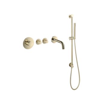Pro Inbouw Badkraan Goud geborsteld Thermostatische Set Messing met Geribbelde Knop PVD Glijstang met 2 stopkranen