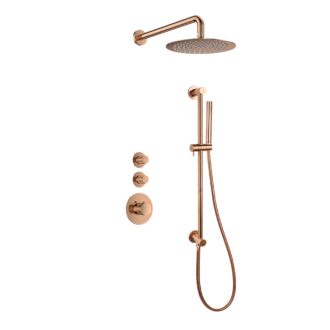 Sani Royal Pro Inbouw Regendouche Brons Geborsteld Messing Glijstang met geribbelde knop met 2 stopkranen met Muursteun en Douchekop 20cm
