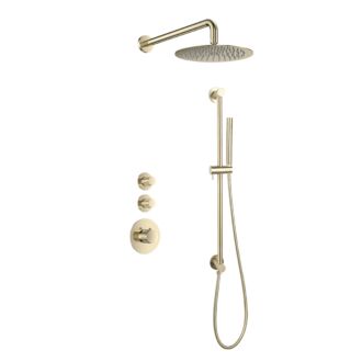 Sani Royal Pro Inbouw Regendouche Goud Geborsteld Messing Glijstang met geribbelde knop met 2 stopkranen met Muursteun en Douchekop 20cm