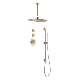 Sani Royal Pro Inbouw Regendouche Goud Geborsteld Messing Glijstang met geribbelde knop met 2 stopkranen met Plafondsteun en Douchekop 20cm