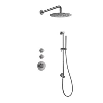 Sani Royal Pro Inbouw Regendouche Gun Metal Geborsteld Messing Glijstang met geribbelde knop met 2 stopkranen met Muursteun en Douchekop 25cm