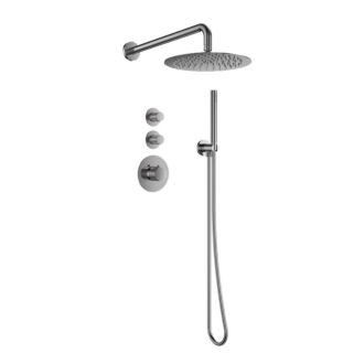 Sani Royal Pro Inbouw Regendouche Gun Metal Geborsteld Messing met geribbelde knop met 2 stopkranen met Muursteun en Douchekop 20cm